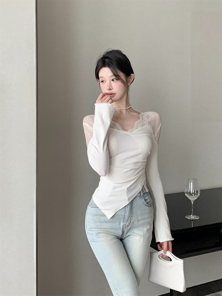 【tops】レース切り替え長袖TシャツG24208