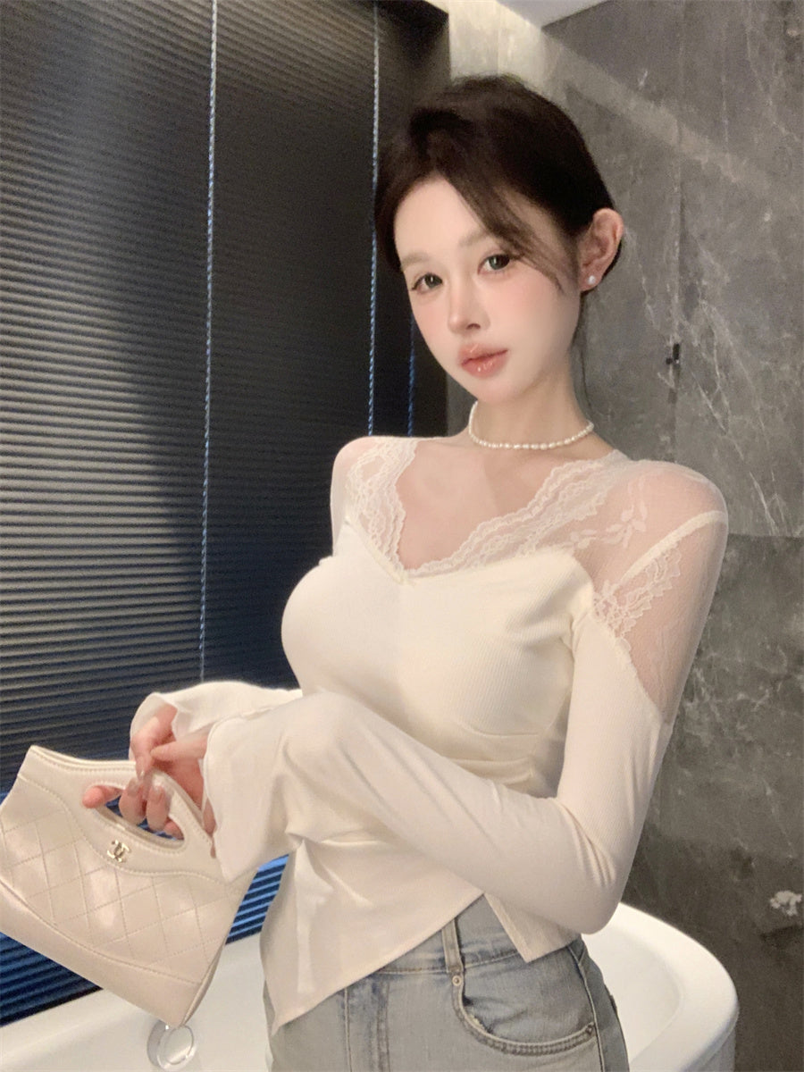 【tops】レース切り替え長袖TシャツG24208