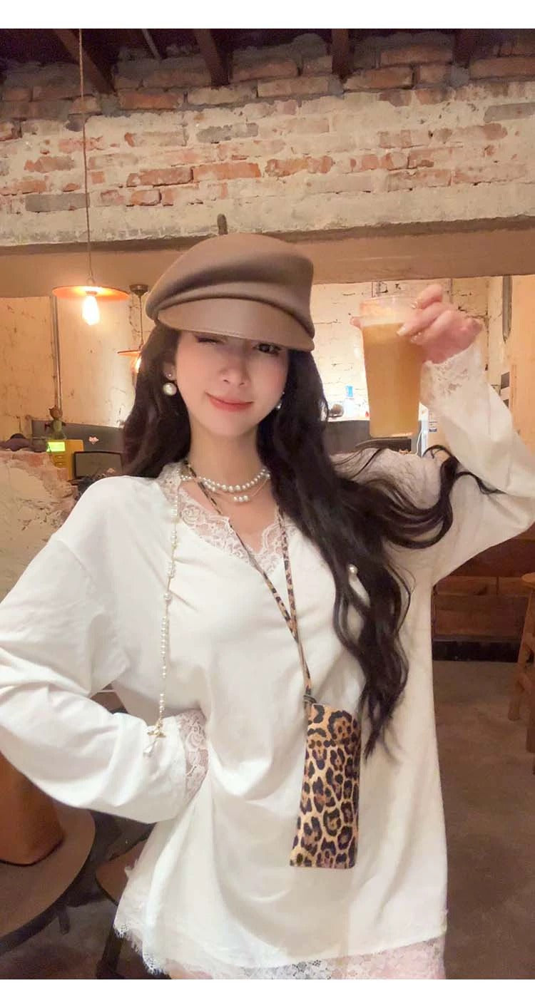 【tops】レース切り替えVネック長袖TシャツG24209