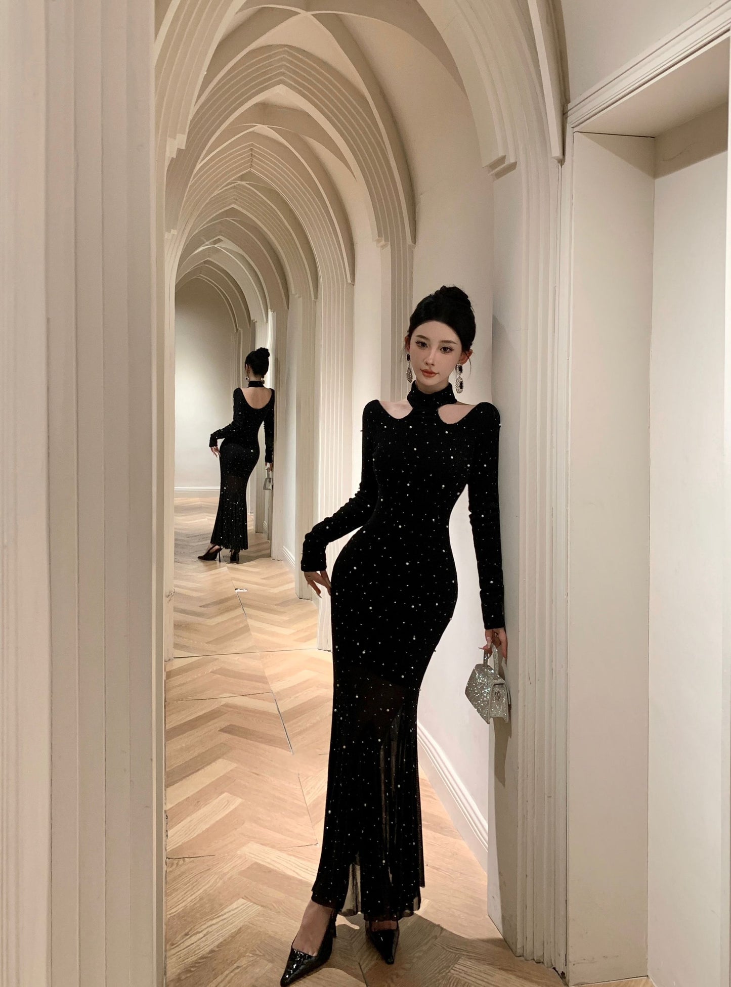 【dress】キラキラ長袖マーメイドワンピースG24212