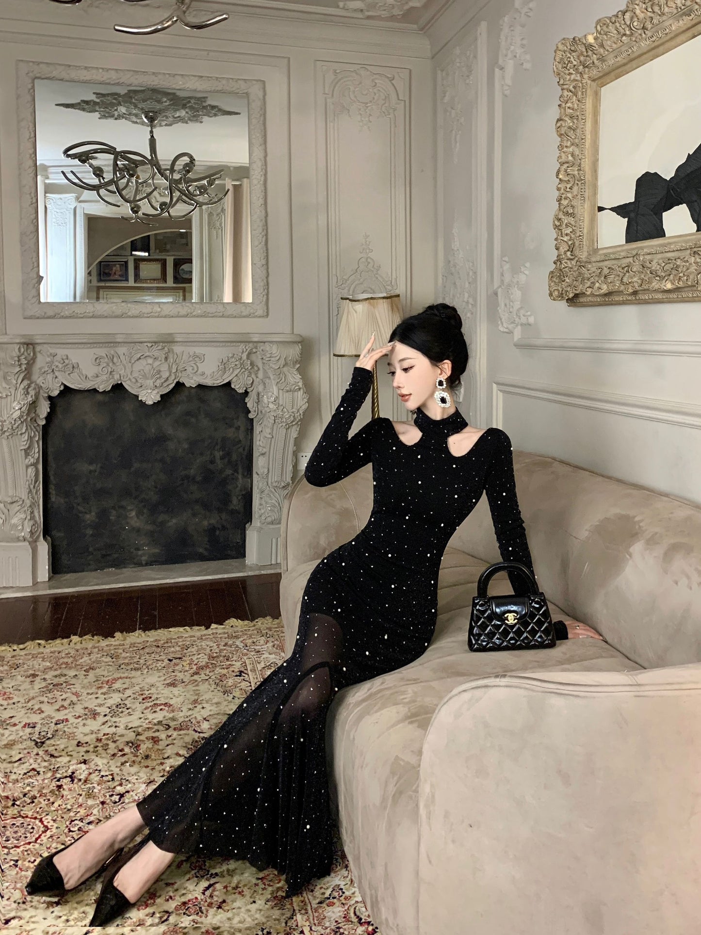 【dress】キラキラ長袖マーメイドワンピースG24212