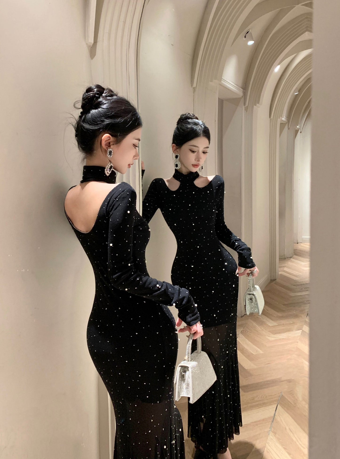 【dress】キラキラ長袖マーメイドワンピースG24212