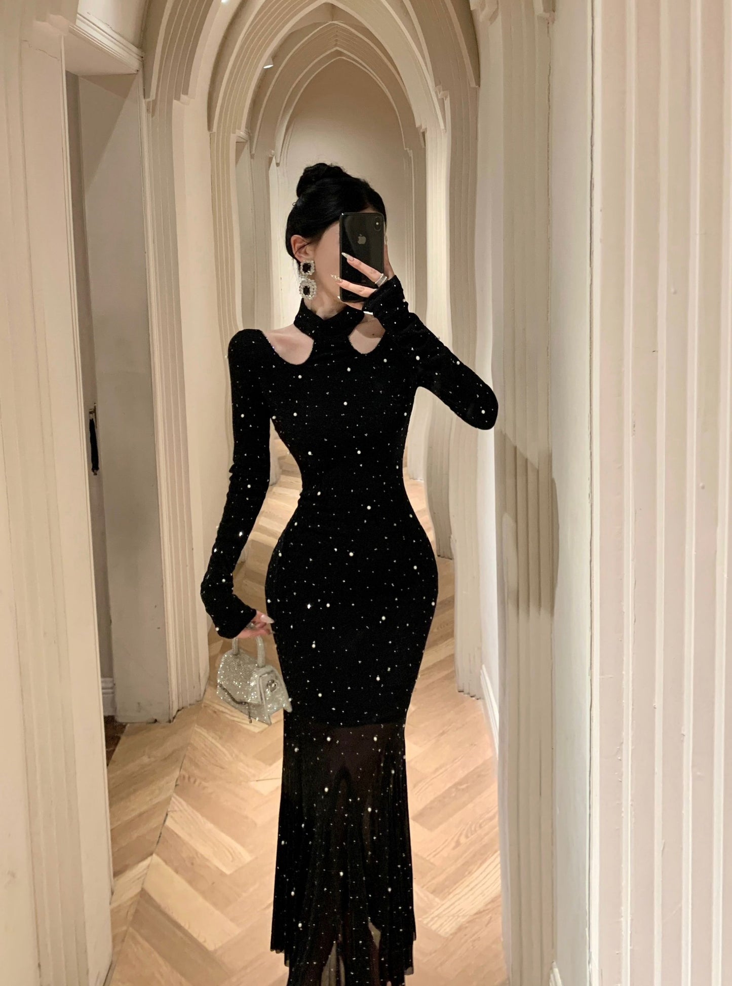 【dress】キラキラ長袖マーメイドワンピースG24212