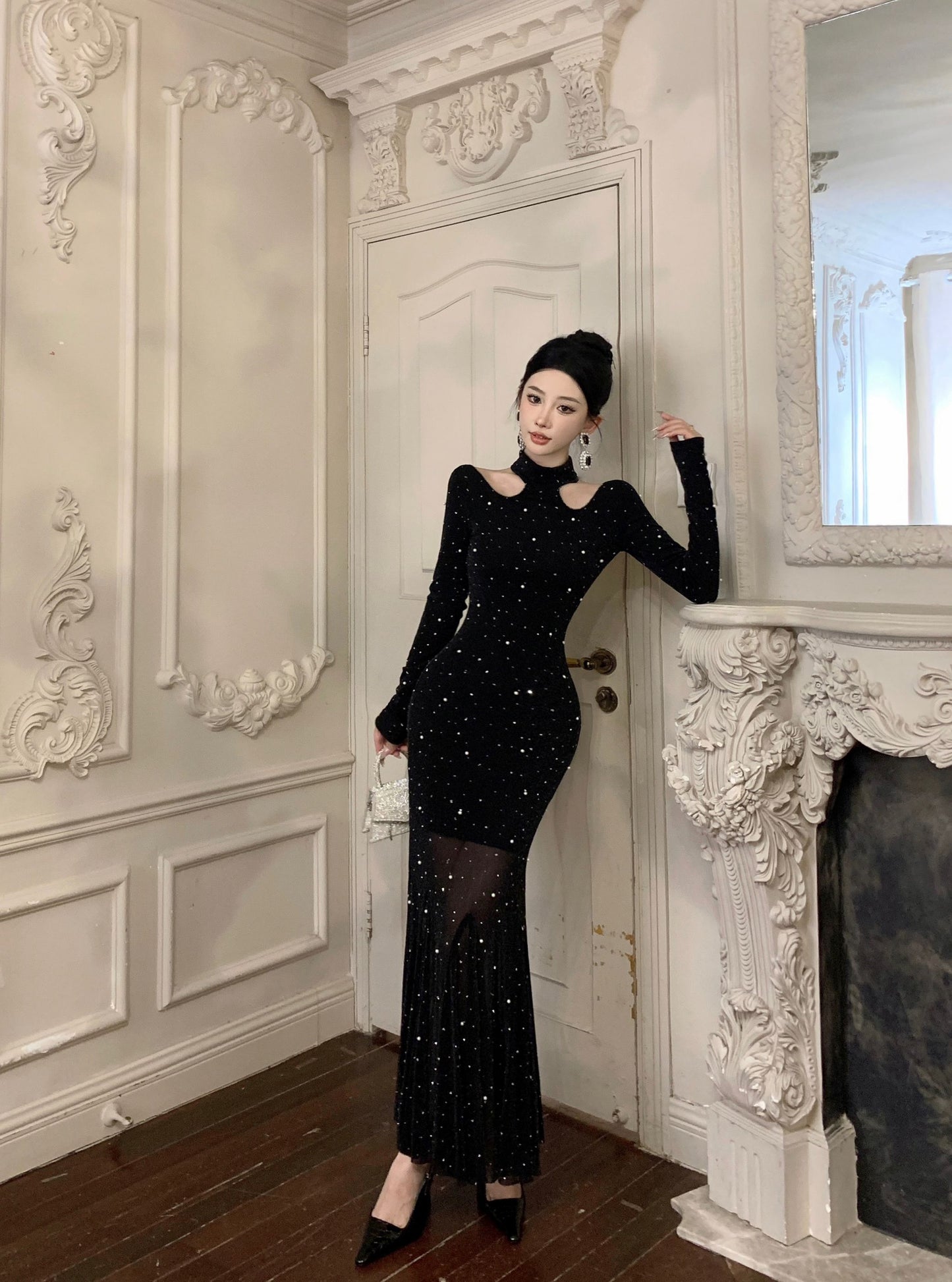 【dress】キラキラ長袖マーメイドワンピースG24212