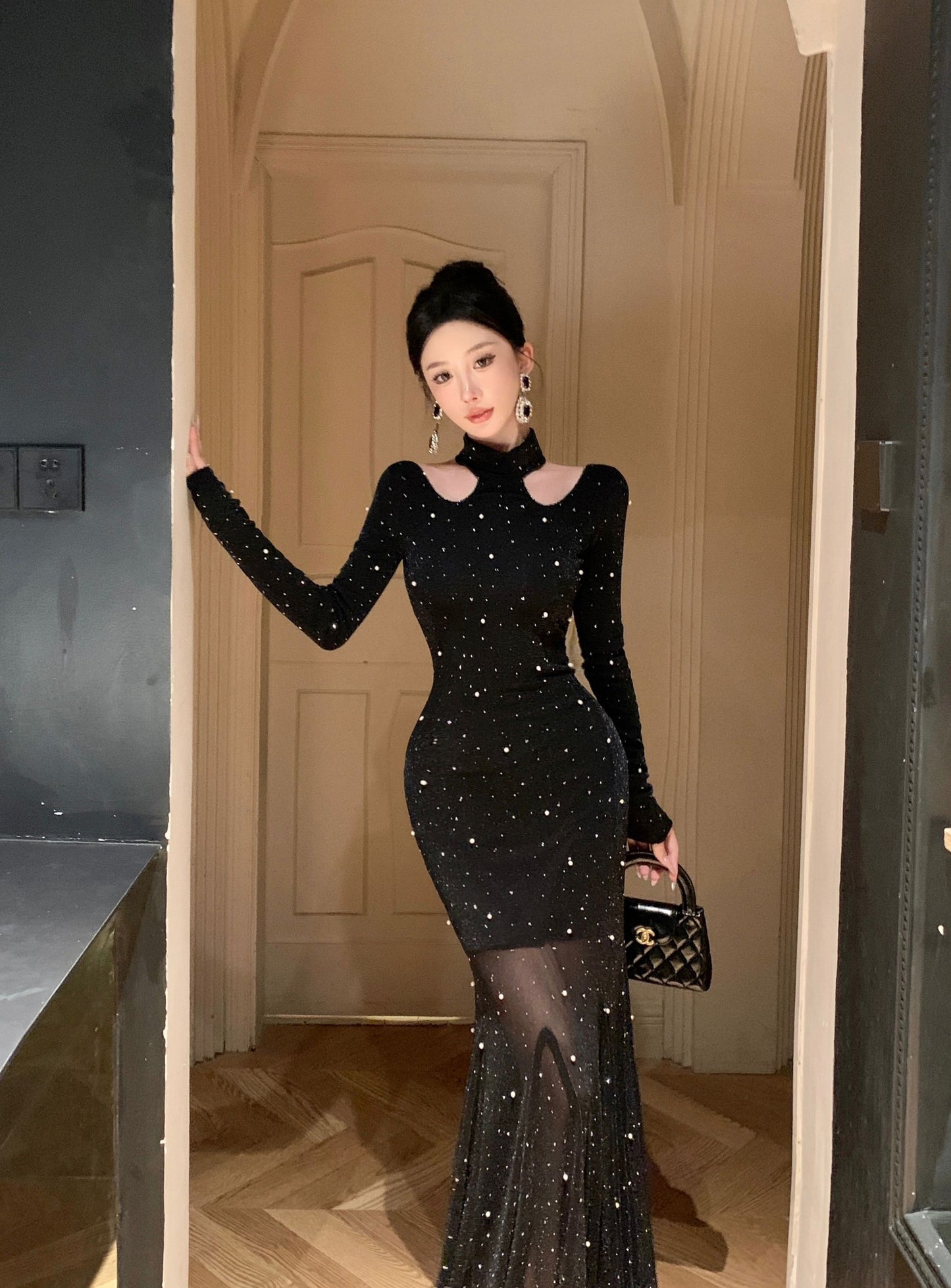 【dress】キラキラ長袖マーメイドワンピースG24212