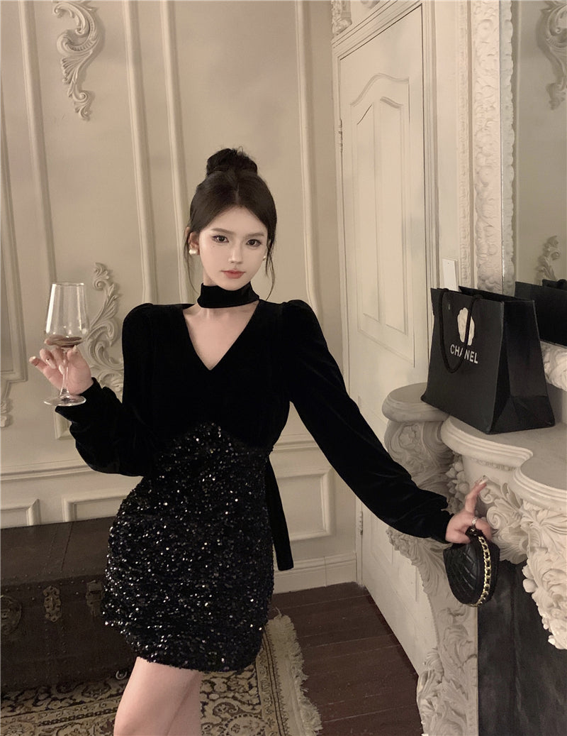 【dress】Vネック長袖タイトワンピースG24214