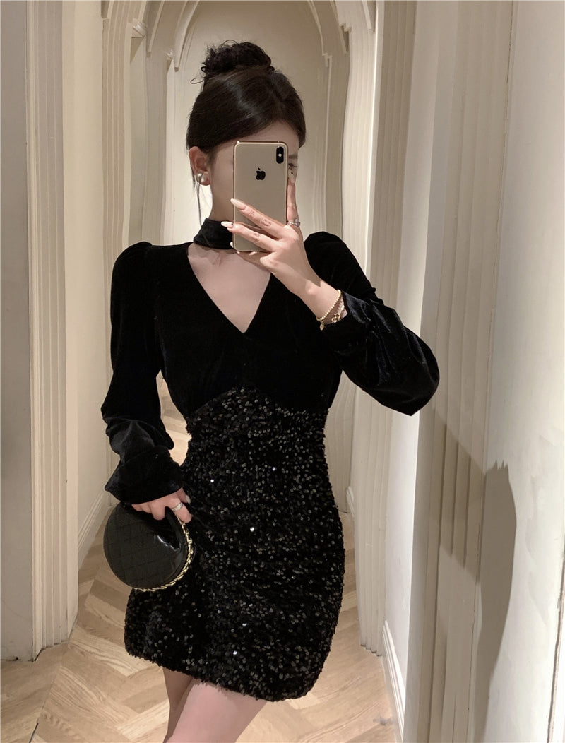 【dress】Vネック長袖タイトワンピースG24214