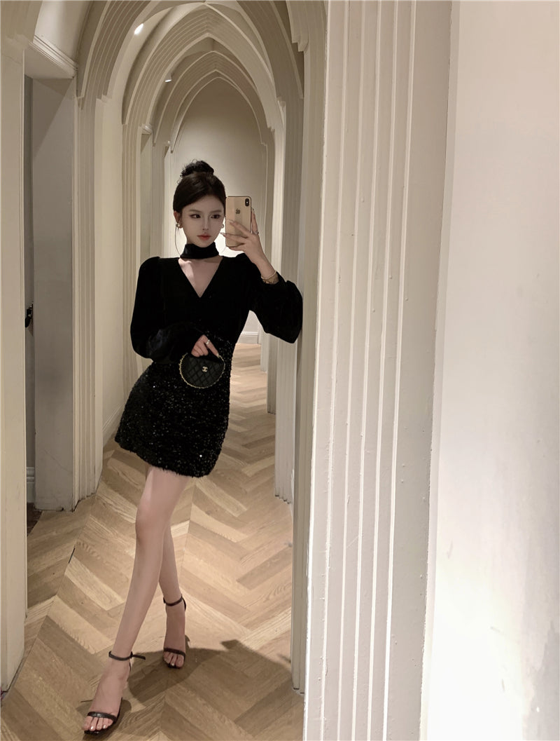 【dress】Vネック長袖タイトワンピースG24214