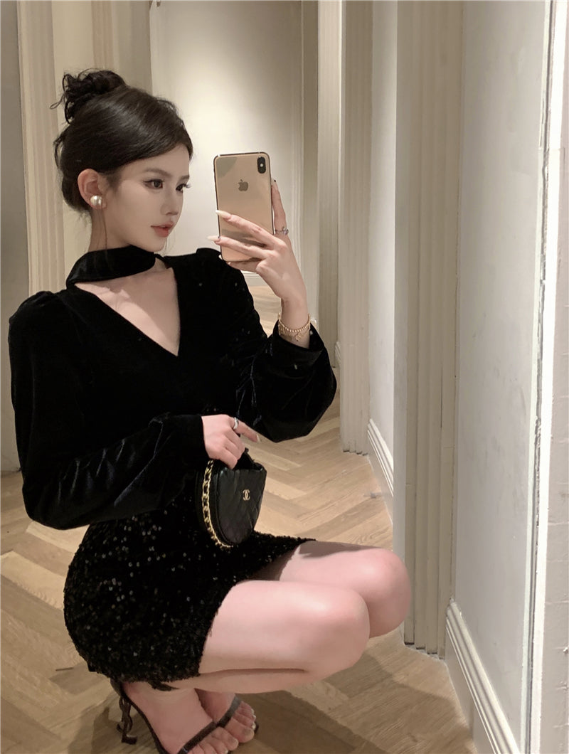 【dress】Vネック長袖タイトワンピースG24214