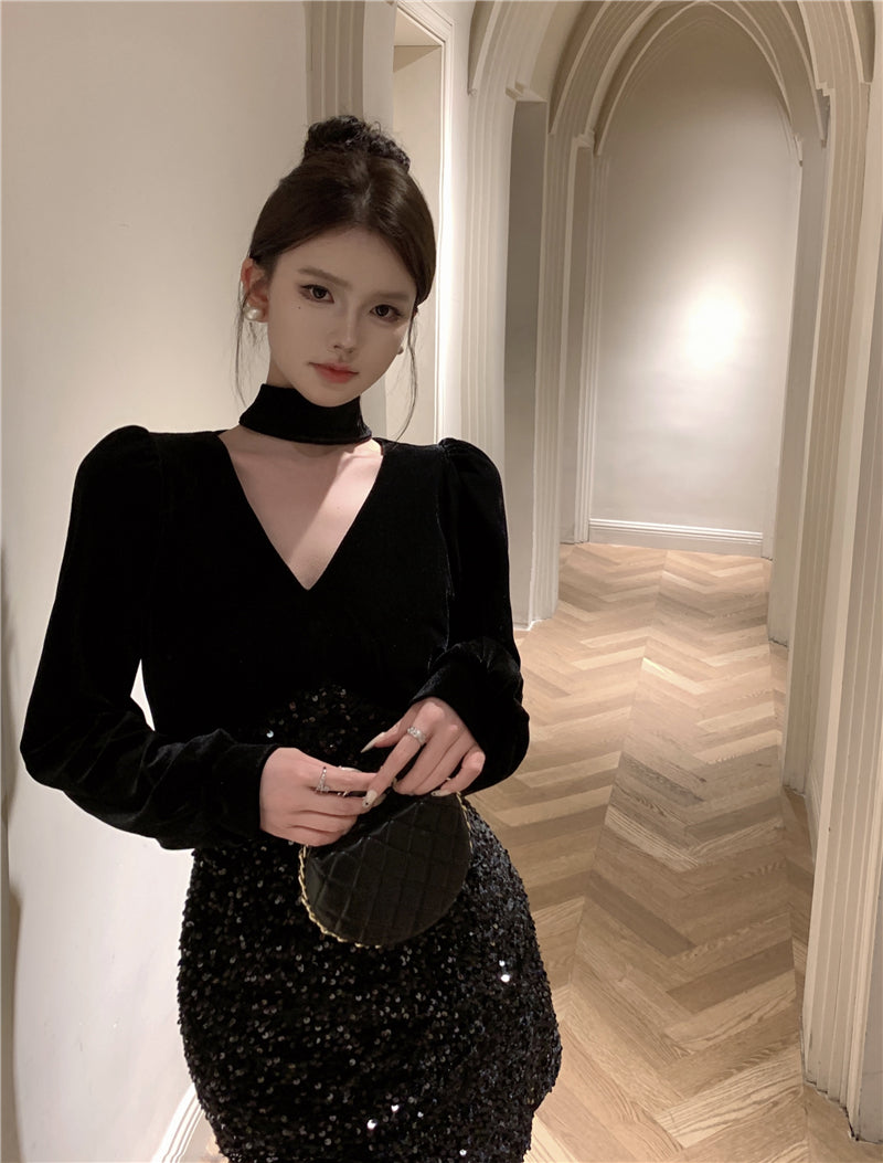 【dress】Vネック長袖タイトワンピースG24214