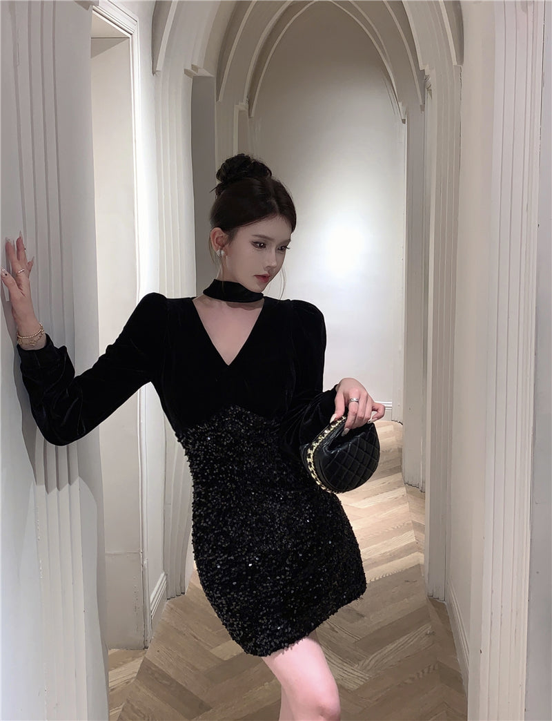 【dress】Vネック長袖タイトワンピースG24214