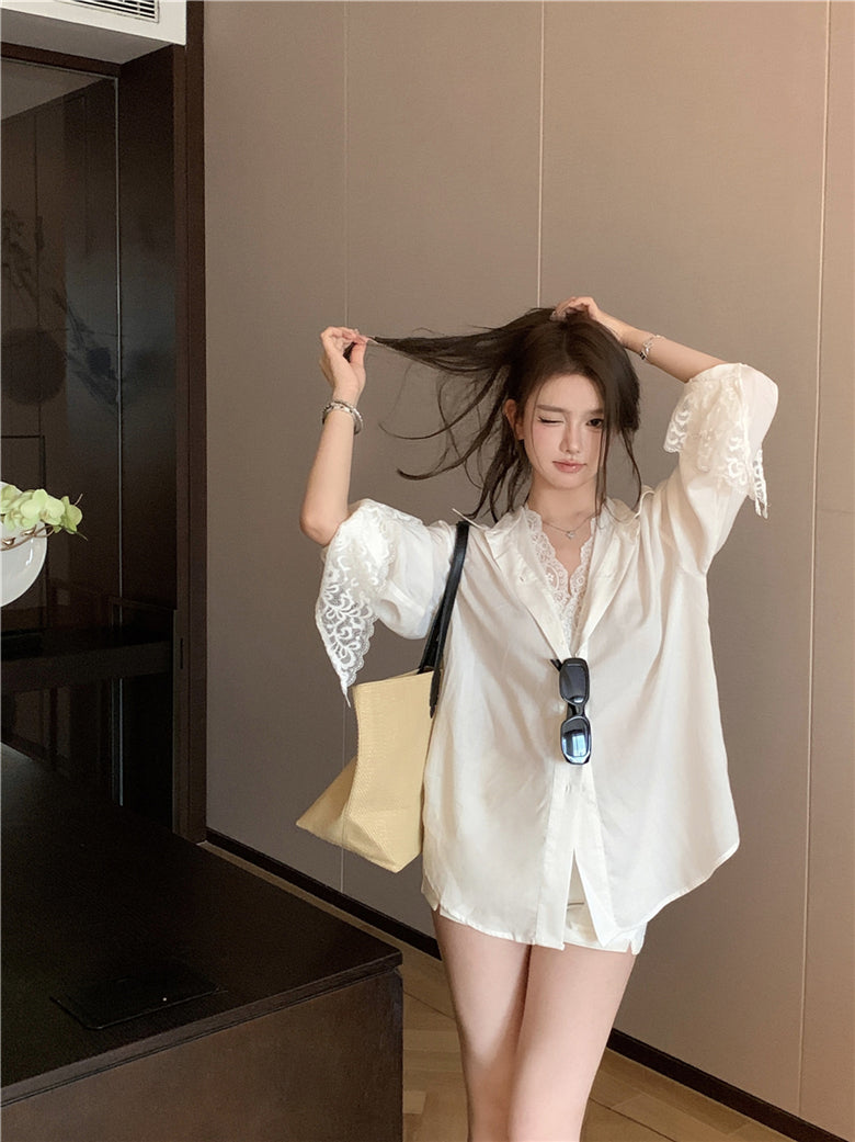 【tops】Vネック偽二つ切り替えシャツG24217