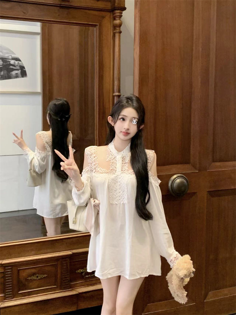 【dress】レース切り替え長袖シャツワンピースG24222