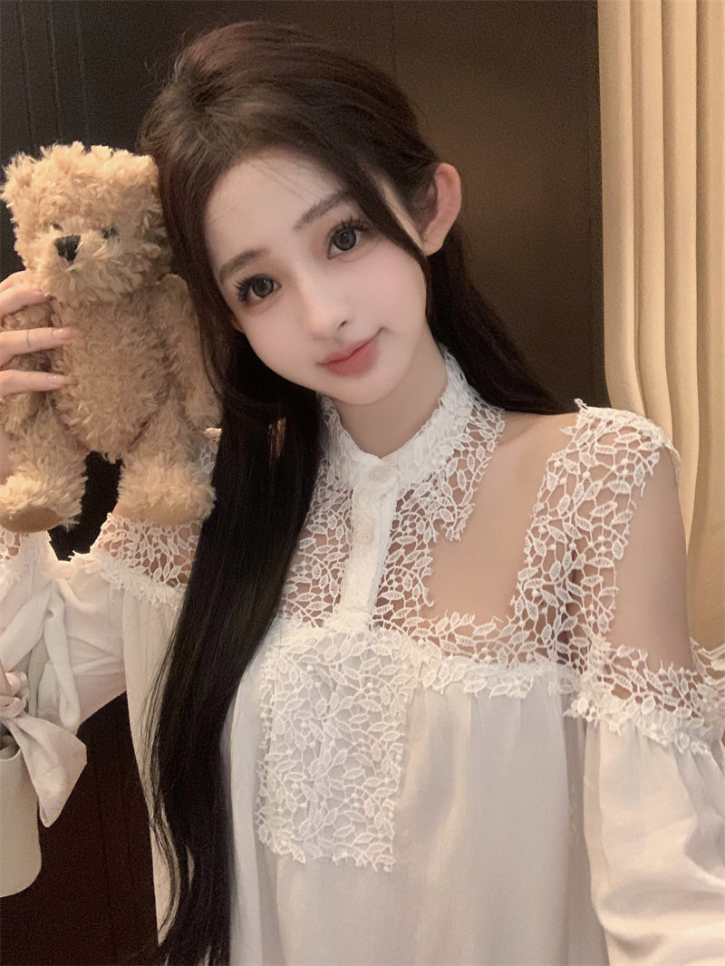 【dress】レース切り替え長袖シャツワンピースG24222