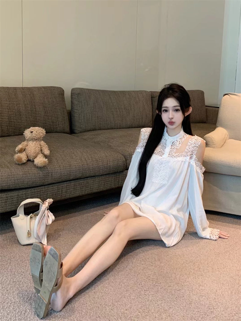 【dress】レース切り替え長袖シャツワンピースG24222