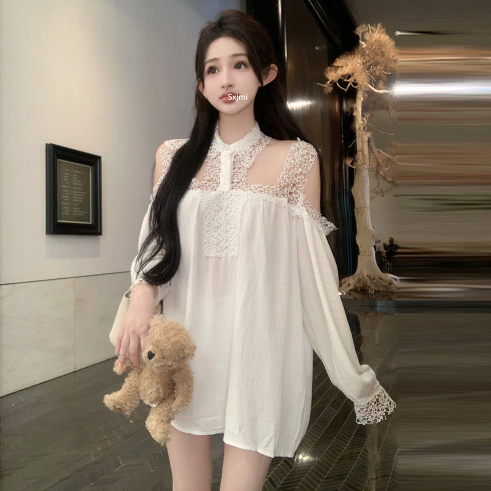 【dress】レース切り替え長袖シャツワンピースG24222