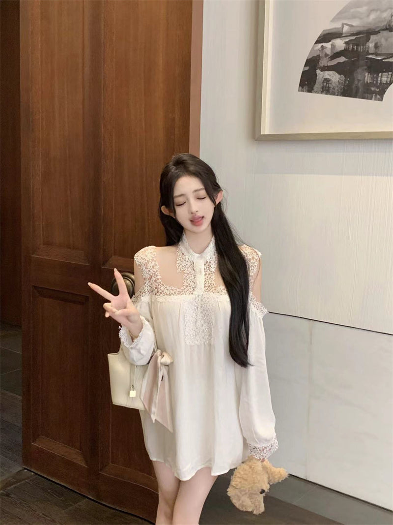 【dress】レース切り替え長袖シャツワンピースG24222