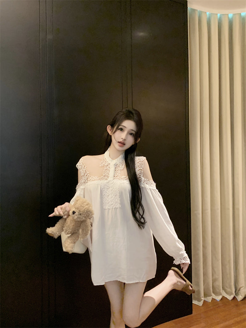 【dress】レース切り替え長袖シャツワンピースG24222