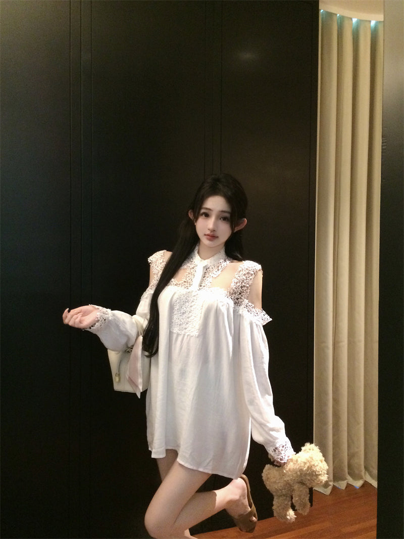 【dress】レース切り替え長袖シャツワンピースG24222