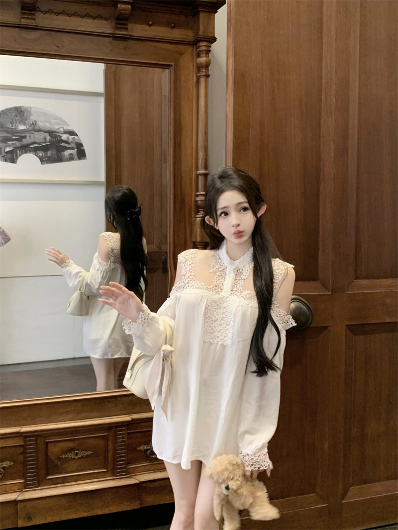 【dress】レース切り替え長袖シャツワンピースG24222