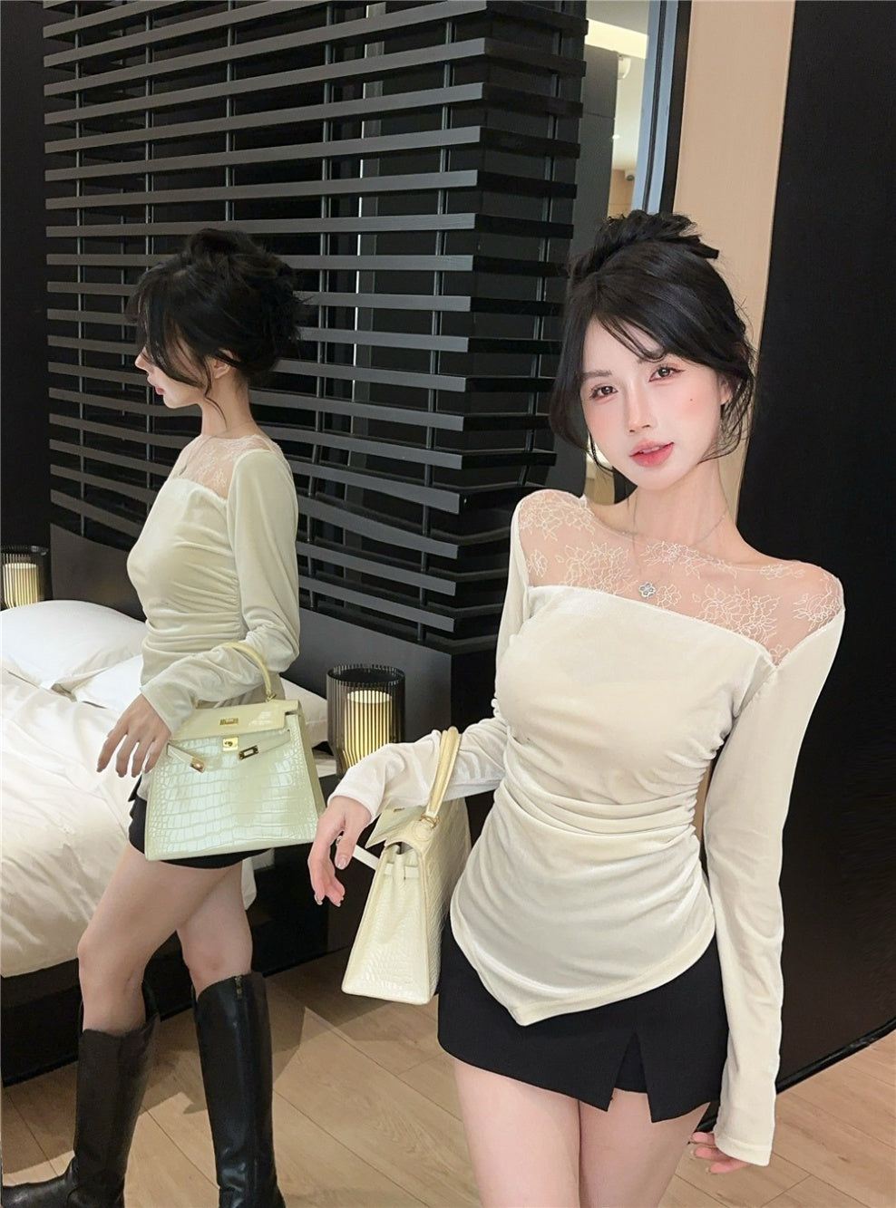 【tops】レース切り替長袖TシャツG24227