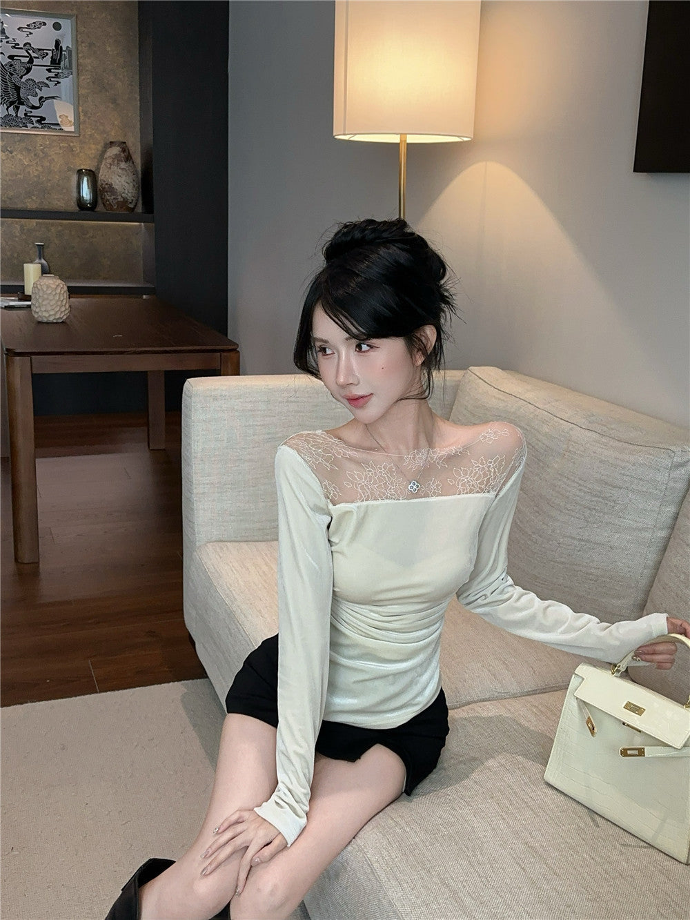 【tops】レース切り替長袖TシャツG24227