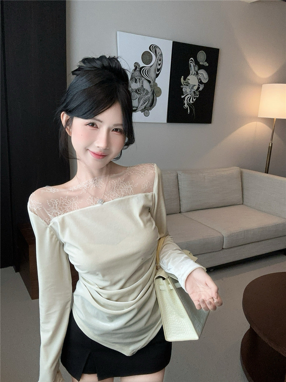 【tops】レース切り替長袖TシャツG24227