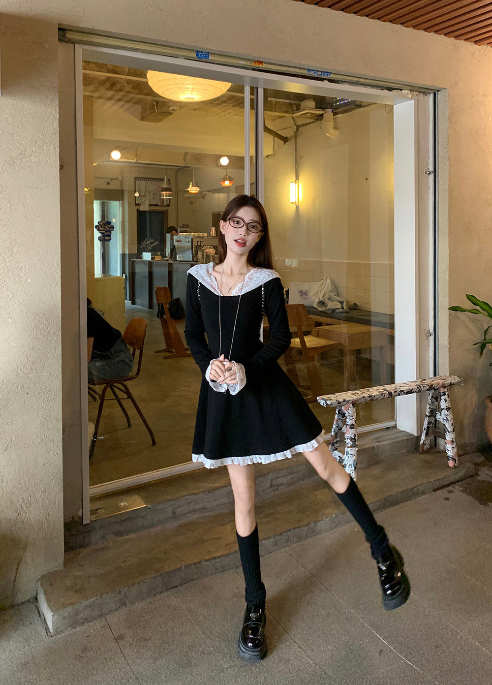 【dress】レース切り替フード付きワンピースG24229