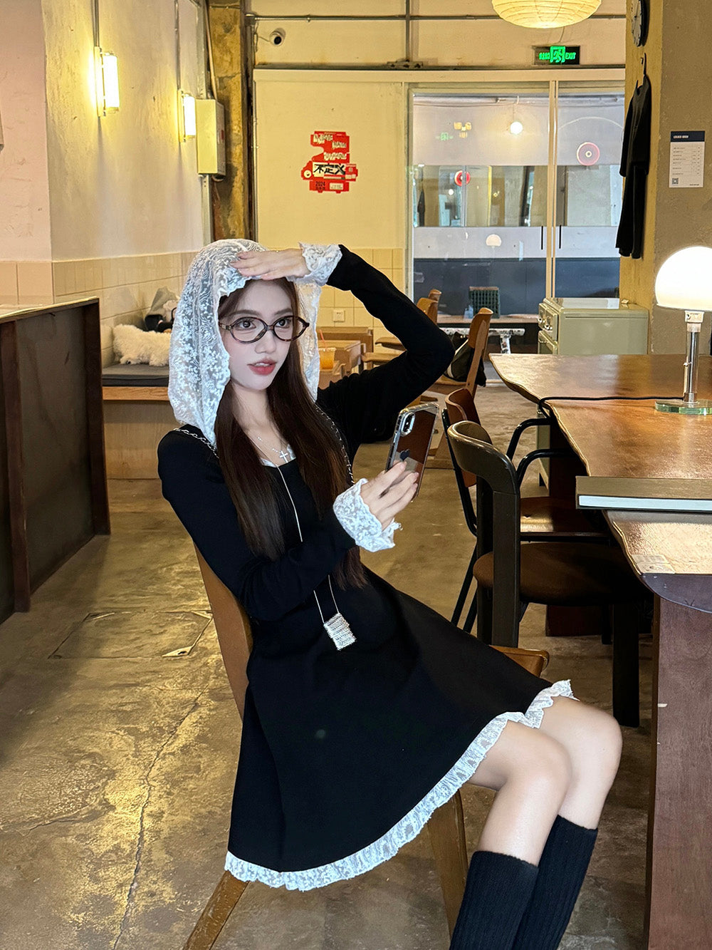 【dress】レース切り替フード付きワンピースG24229