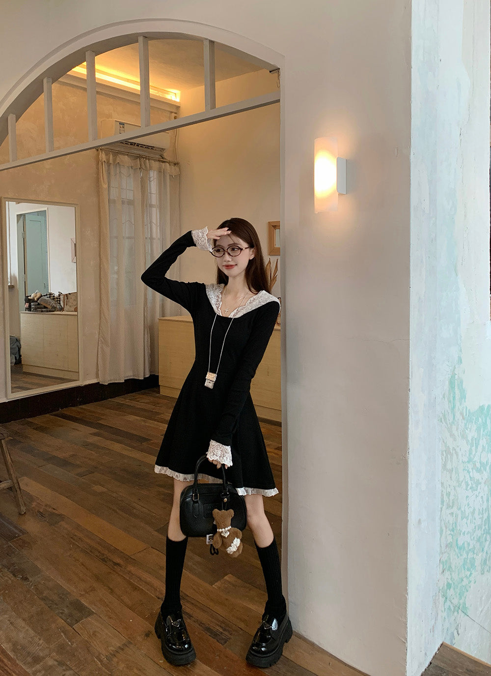 【dress】レース切り替フード付きワンピースG24229