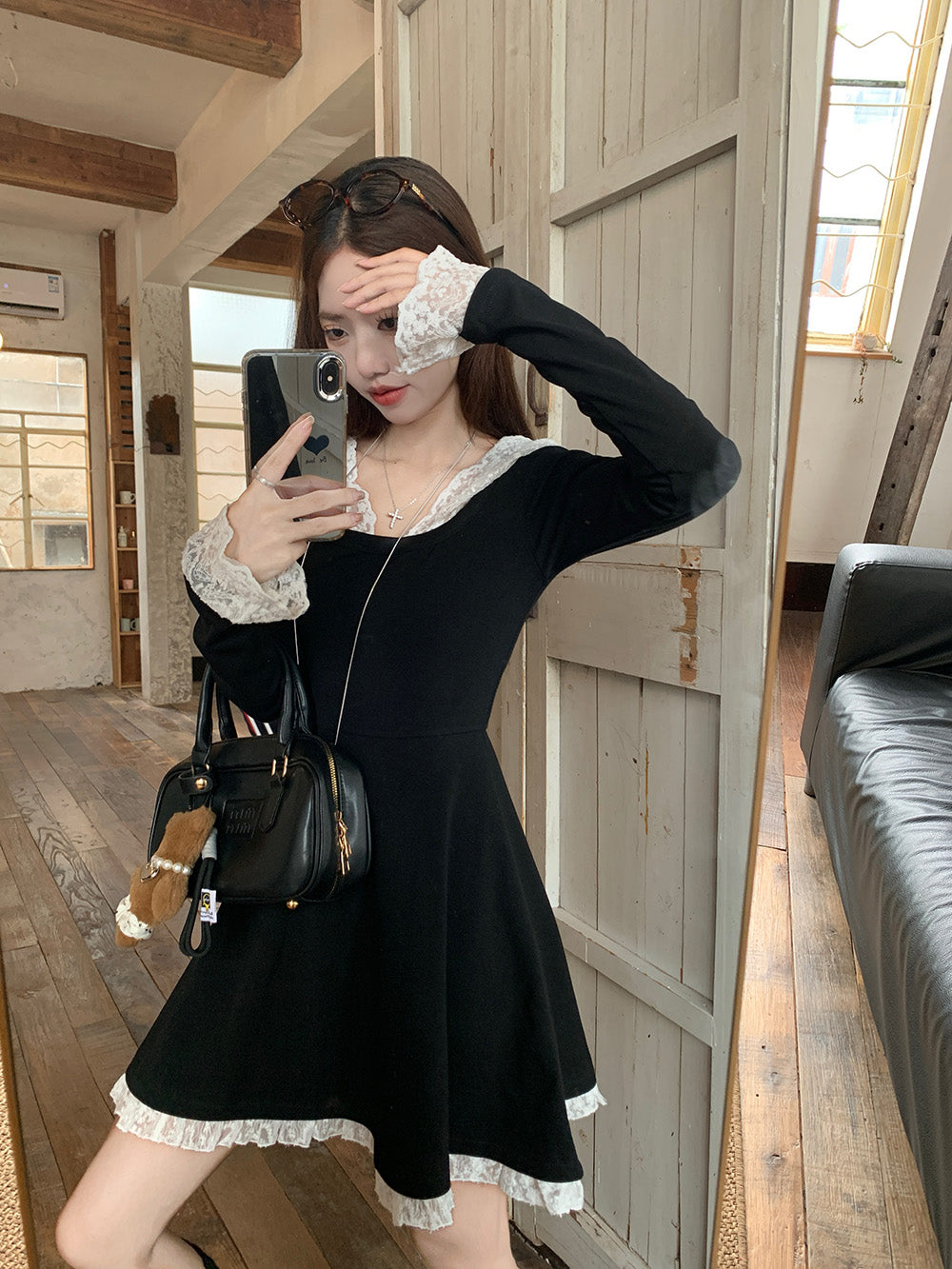 【dress】レース切り替フード付きワンピースG24229