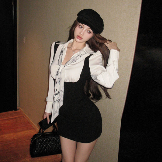 【dress】偽二つ切り替え長袖シャツワンピースG24248