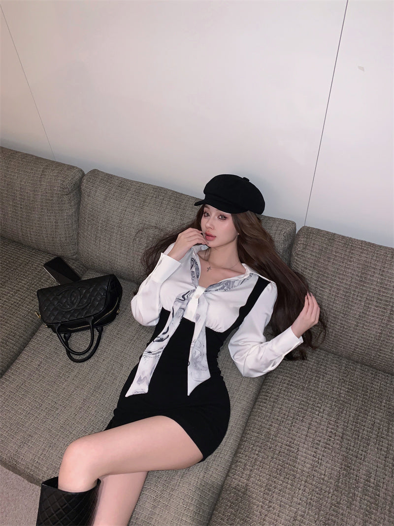 【dress】偽二つ切り替え長袖シャツワンピースG24248