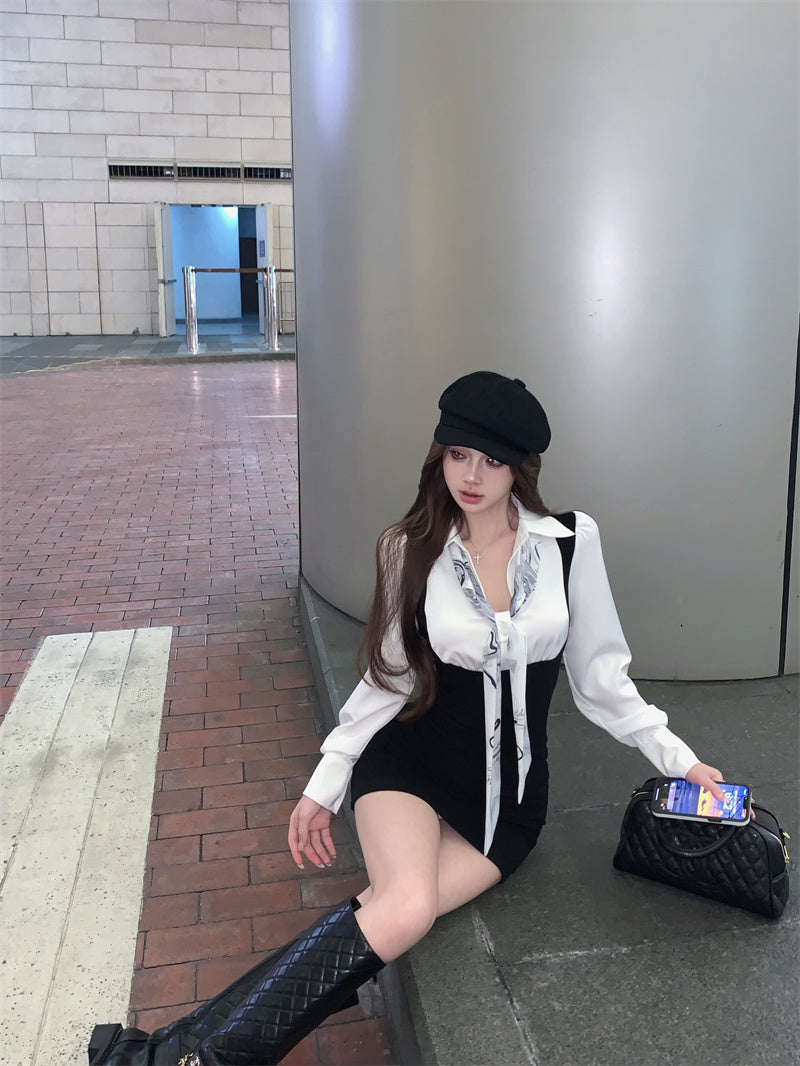 【dress】偽二つ切り替え長袖シャツワンピースG24248