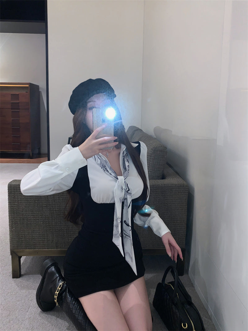 【dress】偽二つ切り替え長袖シャツワンピースG24248