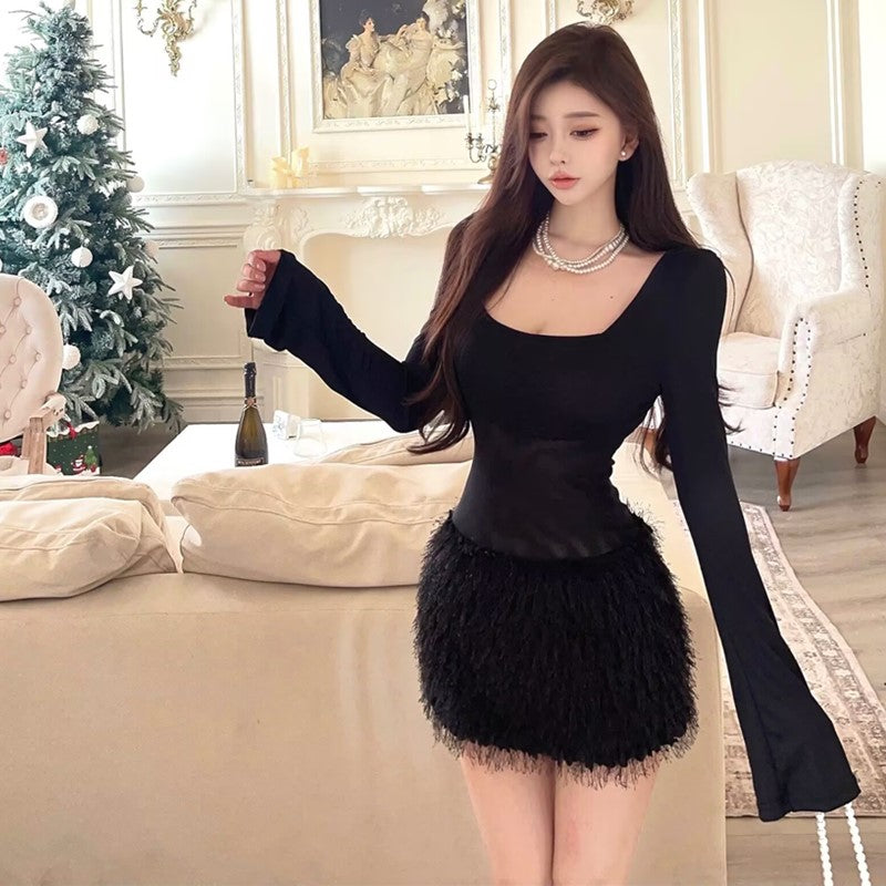 【dress】ファー切り替えタイトワンピースG24249