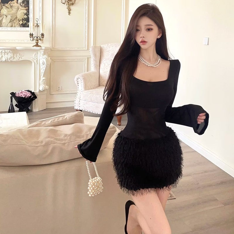 【dress】ファー切り替えタイトワンピースG24249