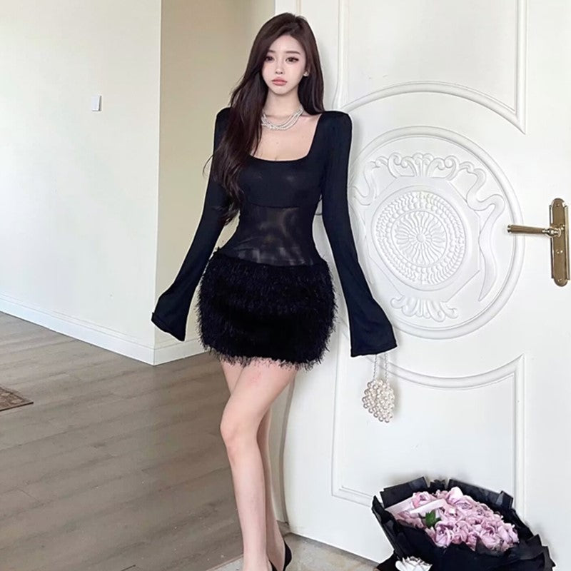 【dress】ファー切り替えタイトワンピースG24249