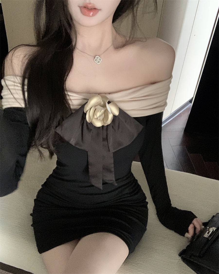 【dress】オフショルダー長袖タイトワンピースG24254