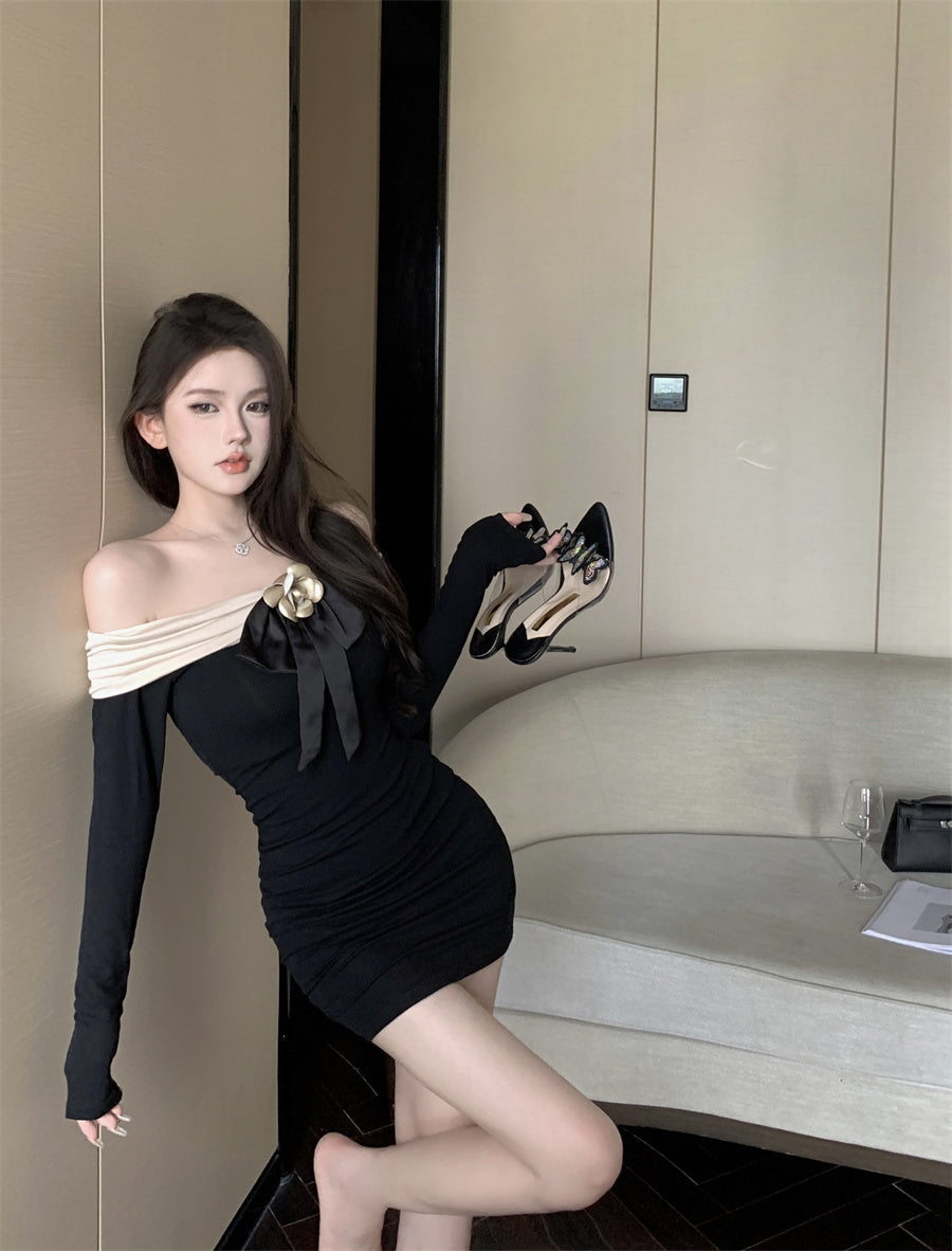 【dress】オフショルダー長袖タイトワンピースG24254