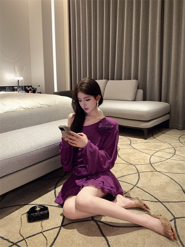 【dress】フリルオブリークネック長袖ワンピースG24255