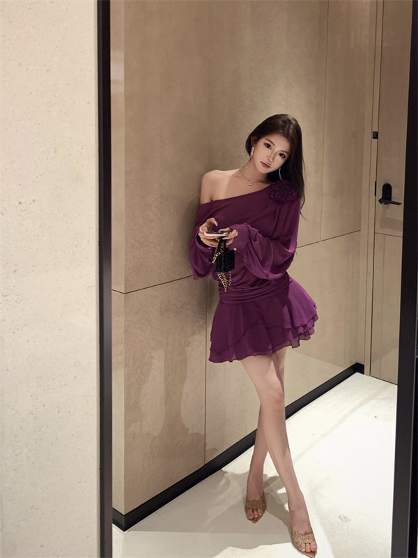 【dress】フリルオブリークネック長袖ワンピースG24255