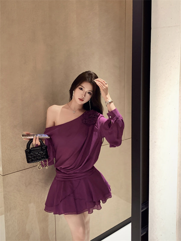 【dress】フリルオブリークネック長袖ワンピースG24255