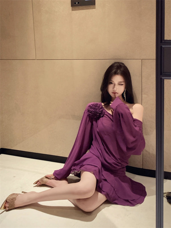 【dress】フリルオブリークネック長袖ワンピースG24255