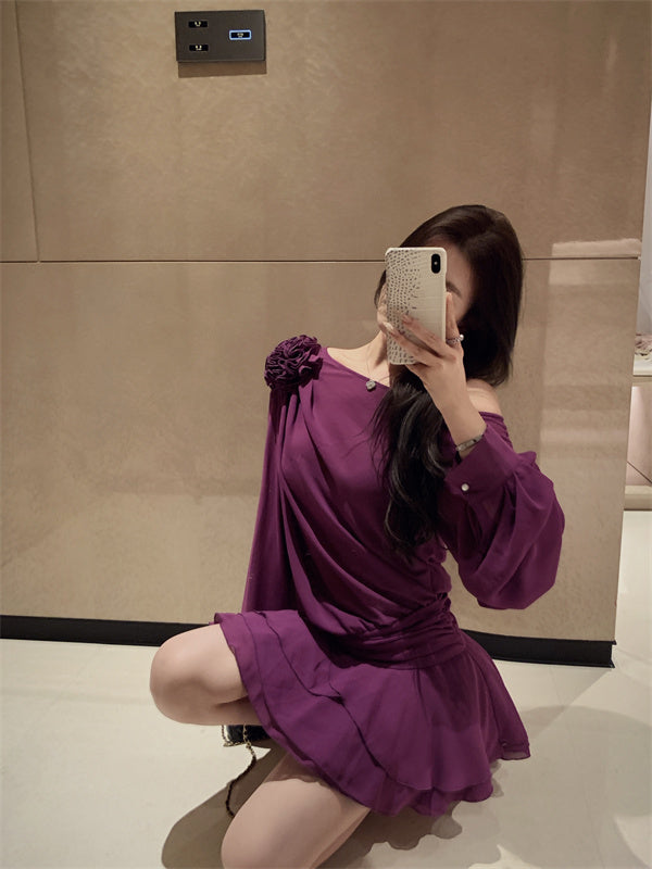 【dress】フリルオブリークネック長袖ワンピースG24255