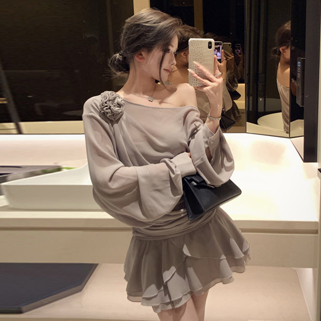 【dress】フリルオブリークネック長袖ワンピースG24255