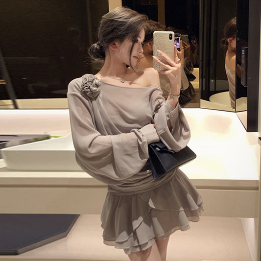 【dress】フリルオブリークネック長袖ワンピースG24255