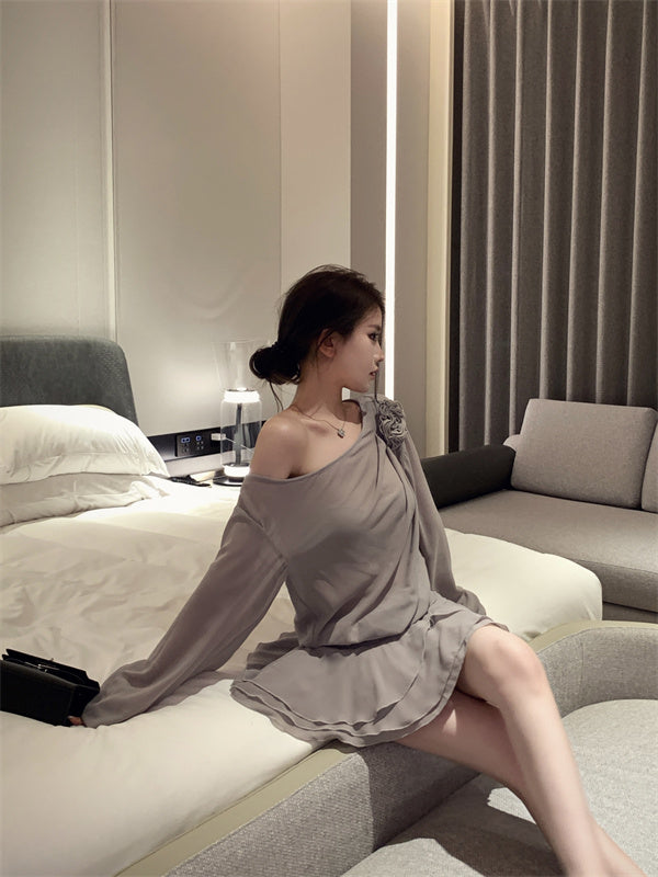 【dress】フリルオブリークネック長袖ワンピースG24255