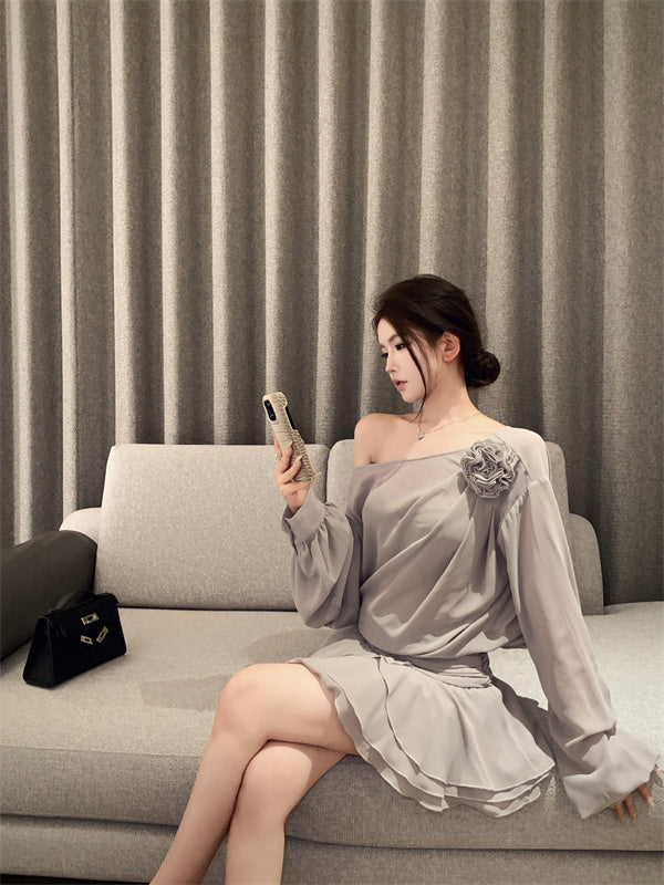 【dress】フリルオブリークネック長袖ワンピースG24255