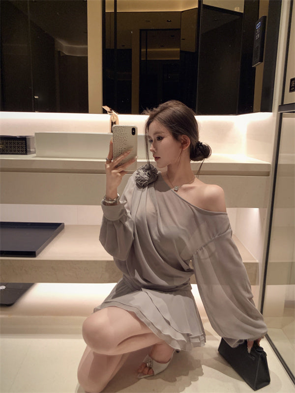 【dress】フリルオブリークネック長袖ワンピースG24255